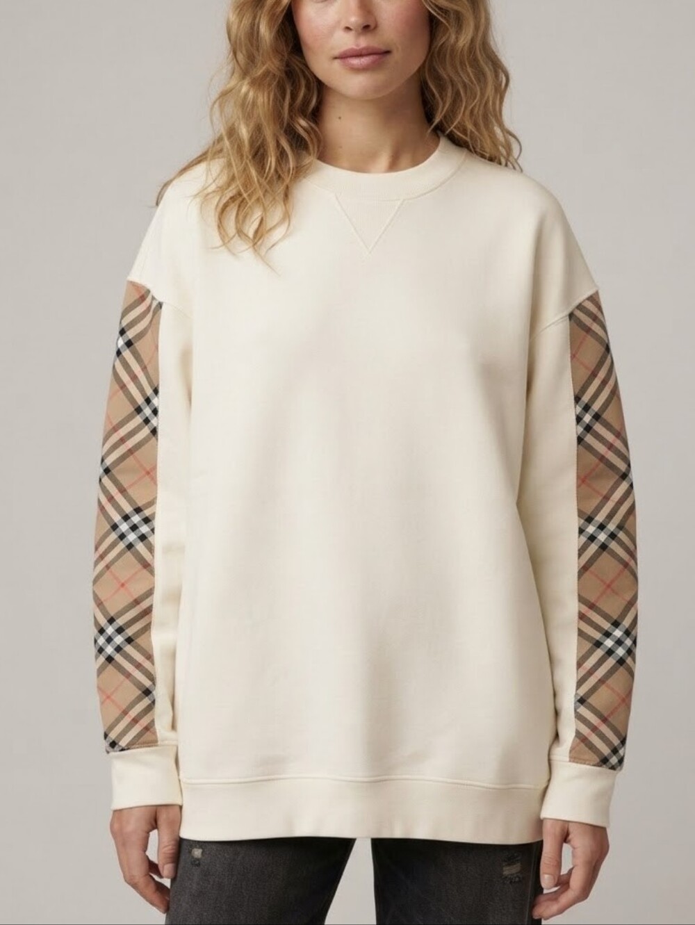 Burberry Nova Check Sleeve Oversized Unisex Sweatshirt White S - Picture 16 of 16